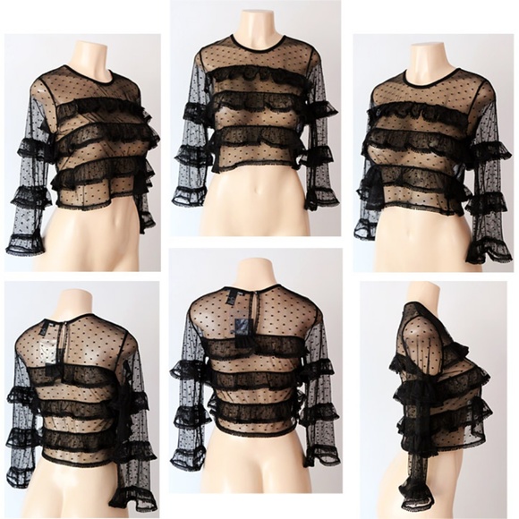 Last ☝️ Sheer Mesh Polka Dot Ruffle Crop Lace Top - Picture 7 of 8